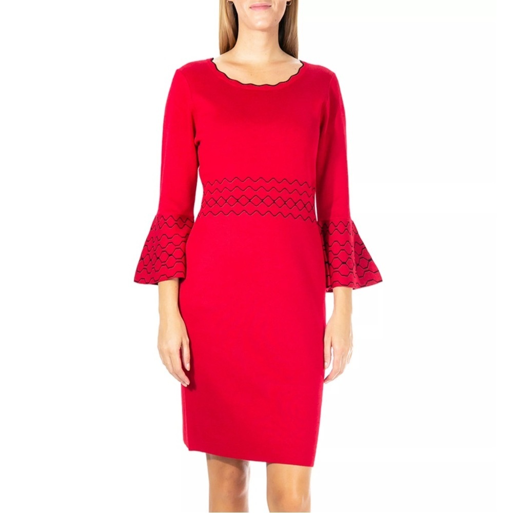 Nina Leonard Black And Red Jacquard Bell Sleeve Sweater Dress